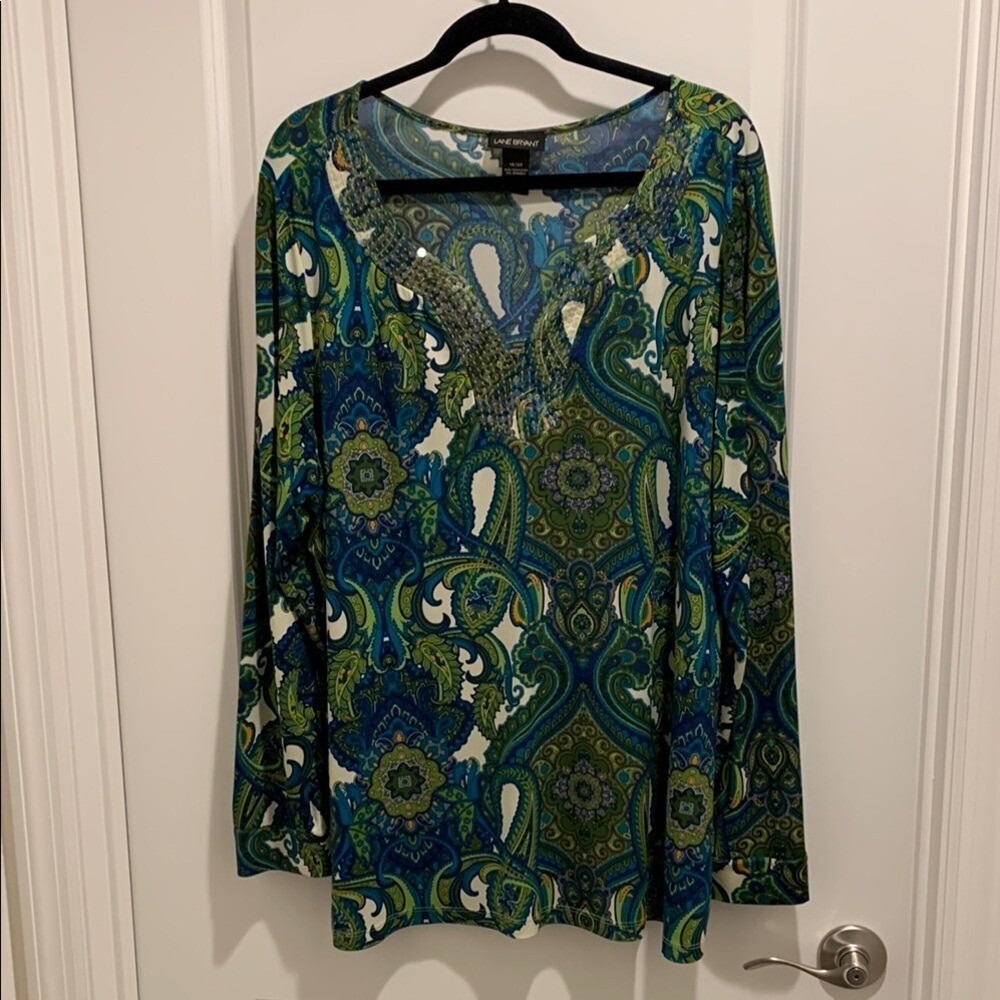 Lane Bryant 18/20 Green and Blue Sequin Neckline Blouse with Long Sleeves